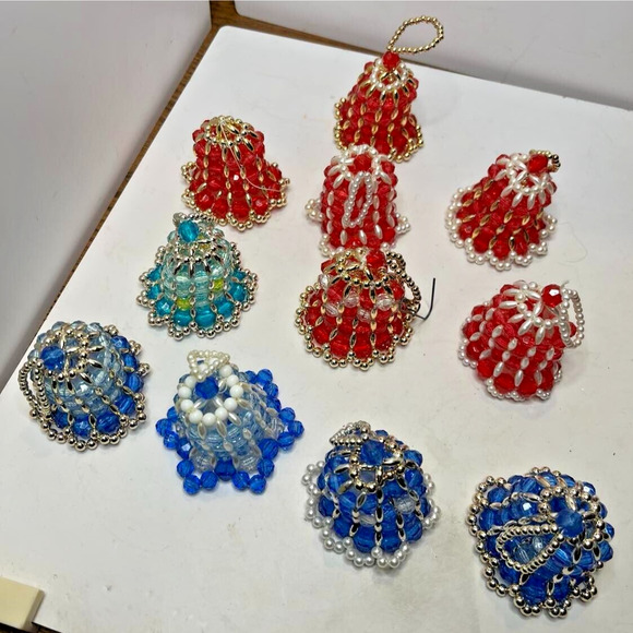 Handmade Other - 11 Vintage Beaded Bell Christmas Ornaments Blue Red Gold